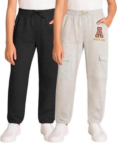 Real Love Girls' Sweatpants - 2 Pack Fleece Cargo & Basic Classic Jogger Sweatpants - Cozy Cargo Jogger Pants for Girls, 7-16 in Kuwait