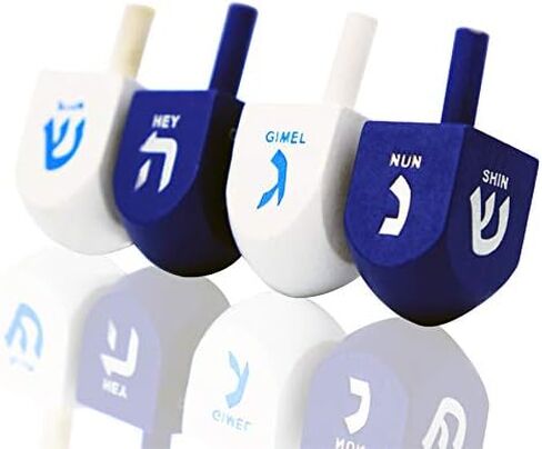 Wood Dreidel Bulk Solid Blue & White Wood Hanukkah Dreidels مرسومة يدويًا بالترجمة الإنجليزية - تتضمن بطاقات تعليمات اللعبة (50 حزمة) in Kuwait