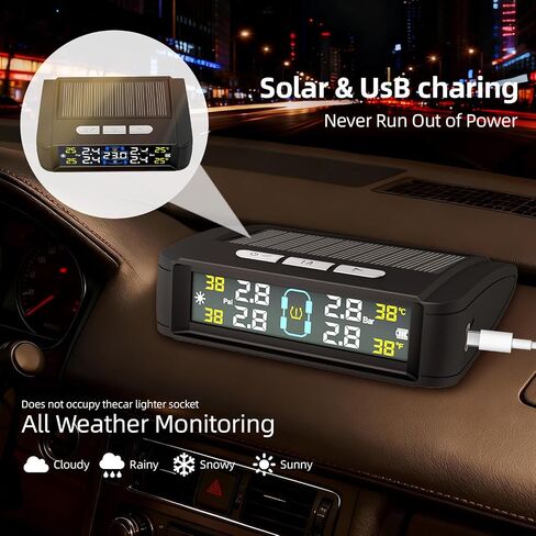 نظام مراقبة ضغط الإطارات TPMS مراقبة ضغط الإطارات اللاسلكية مع 4 أجهزة استشعار خارجية، شحن بالطاقة الشمسية/USB، 0-87 رطل لكل بوصة مربعة، مناسب عالمي للسيارات الدفع الرباعي والشاحنات الصغيرة - مع 4 أغطية جذعية لصمام الإطارات in Kuwait