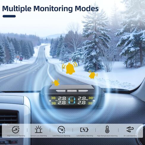 نظام مراقبة ضغط الإطارات TPMS مراقبة ضغط الإطارات اللاسلكية مع 4 أجهزة استشعار خارجية، شحن بالطاقة الشمسية/USB، 0-87 رطل لكل بوصة مربعة، مناسب عالمي للسيارات الدفع الرباعي والشاحنات الصغيرة - مع 4 أغطية جذعية لصمام الإطارات in Kuwait