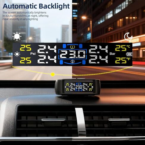 نظام مراقبة ضغط الإطارات TPMS مراقبة ضغط الإطارات اللاسلكية مع 4 أجهزة استشعار خارجية، شحن بالطاقة الشمسية/USB، 0-87 رطل لكل بوصة مربعة، مناسب عالمي للسيارات الدفع الرباعي والشاحنات الصغيرة - مع 4 أغطية جذعية لصمام الإطارات in Kuwait