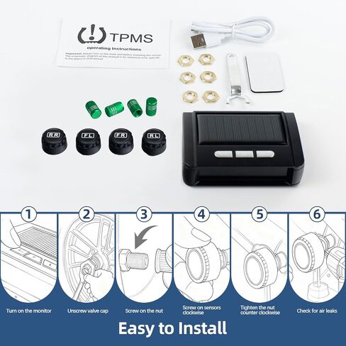 نظام مراقبة ضغط الإطارات TPMS مراقبة ضغط الإطارات اللاسلكية مع 4 أجهزة استشعار خارجية، شحن بالطاقة الشمسية/USB، 0-87 رطل لكل بوصة مربعة، مناسب عالمي للسيارات الدفع الرباعي والشاحنات الصغيرة - مع 4 أغطية جذعية لصمام الإطارات in Kuwait