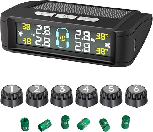 نظام مراقبة ضغط الإطارات TPMS مراقبة ضغط الإطارات اللاسلكية مع 4 أجهزة استشعار خارجية، شحن بالطاقة الشمسية/USB، 0-87 رطل لكل بوصة مربعة، مناسب عالمي للسيارات الدفع الرباعي والشاحنات الصغيرة - مع 4 أغطية جذعية لصمام الإطارات in Kuwait
