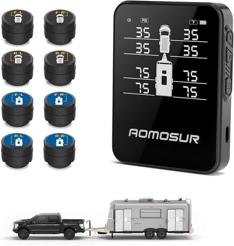 نظام مراقبة ضغط الإطارات اللاسلكي لمقياس TPMS لمقطورة السفر RV - نطاق 0-108 رطل لكل بوصة مربعة، شاشة ملونة، أجهزة استشعار ذكية، وتنبيهات تلقائية، مجموعة أجهزة استشعار مكونة من 4 قطع in Kuwait