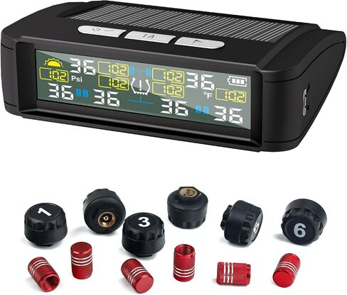 Tire Pressure Monitoring System, Wireless TPMS with Solar and USB Charger, 4 Sensors and 6 Alarm Modes, Real-time Tire Pressure Monitor for Car SUV Pickup with Extra 4 Tire Valve Stem Caps (0-87 PSI) in Saudi Arabia
