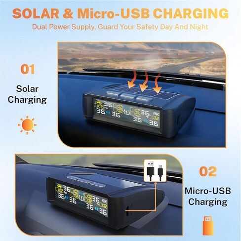 Tire Pressure Monitoring System, Wireless TPMS with Solar and USB Charger, 4 Sensors and 6 Alarm Modes, Real-time Tire Pressure Monitor for Car SUV Pickup with Extra 4 Tire Valve Stem Caps (0-87 PSI) in Saudi Arabia