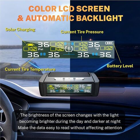 Tire Pressure Monitoring System, Wireless TPMS with Solar and USB Charger, 4 Sensors and 6 Alarm Modes, Real-time Tire Pressure Monitor for Car SUV Pickup with Extra 4 Tire Valve Stem Caps (0-87 PSI) in Saudi Arabia
