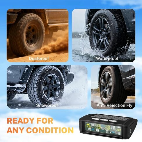 Tire Pressure Monitoring System, Wireless TPMS with Solar and USB Charger, 4 Sensors and 6 Alarm Modes, Real-time Tire Pressure Monitor for Car SUV Pickup with Extra 4 Tire Valve Stem Caps (0-87 PSI) in Saudi Arabia