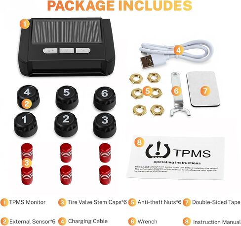 Tire Pressure Monitoring System, Wireless TPMS with Solar and USB Charger, 4 Sensors and 6 Alarm Modes, Real-time Tire Pressure Monitor for Car SUV Pickup with Extra 4 Tire Valve Stem Caps (0-87 PSI) in Saudi Arabia