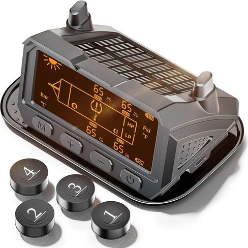 نظام مراقبة ضغط الإطارات RV - TPMS مع شاحن بالطاقة الشمسية وشاحن USB Tyce-c، 4 أجهزة استشعار للإطارات و6 أوضاع تنبيه، تشغيل/إيقاف تلقائي وإضاءة خلفية تكيفية، لسيارة RV، السيدان، سيارات الدفع الرباعي، MPV، إلخ (0-116PSI) in Kuwait