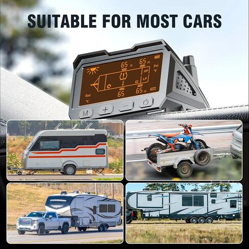 نظام مراقبة ضغط الإطارات RV - TPMS مع شاحن بالطاقة الشمسية وشاحن USB Tyce-c، 4 أجهزة استشعار للإطارات و6 أوضاع تنبيه، تشغيل/إيقاف تلقائي وإضاءة خلفية تكيفية، لسيارة RV، السيدان، سيارات الدفع الرباعي، MPV، إلخ (0-116PSI) in Kuwait