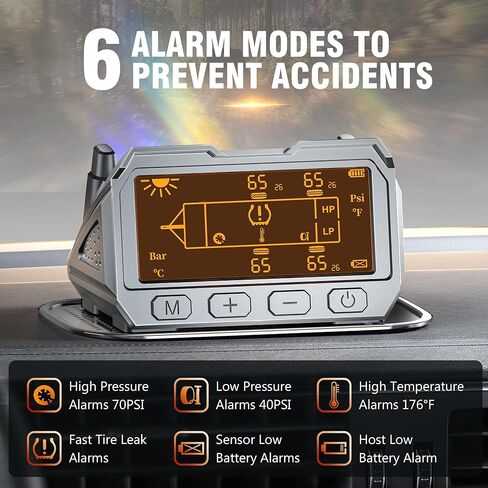 نظام مراقبة ضغط الإطارات RV - TPMS مع شاحن بالطاقة الشمسية وشاحن USB Tyce-c، 4 أجهزة استشعار للإطارات و6 أوضاع تنبيه، تشغيل/إيقاف تلقائي وإضاءة خلفية تكيفية، لسيارة RV، السيدان، سيارات الدفع الرباعي، MPV، إلخ (0-116PSI) in Kuwait