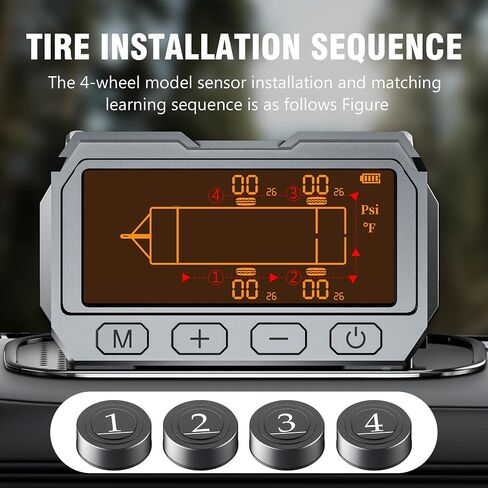 نظام مراقبة ضغط الإطارات RV - TPMS مع شاحن بالطاقة الشمسية وشاحن USB Tyce-c، 4 أجهزة استشعار للإطارات و6 أوضاع تنبيه، تشغيل/إيقاف تلقائي وإضاءة خلفية تكيفية، لسيارة RV، السيدان، سيارات الدفع الرباعي، MPV، إلخ (0-116PSI) in Kuwait