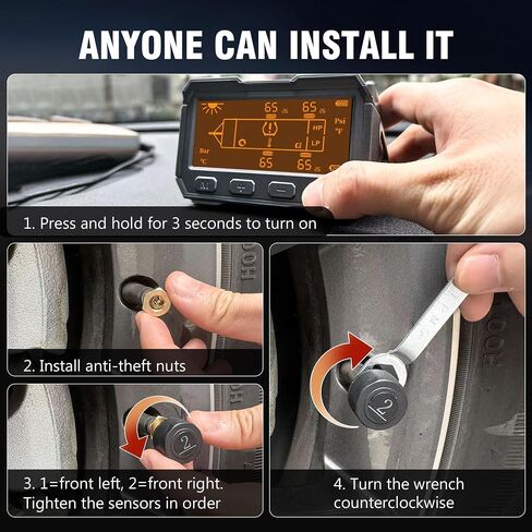 نظام مراقبة ضغط الإطارات RV - TPMS مع شاحن بالطاقة الشمسية وشاحن USB Tyce-c، 4 أجهزة استشعار للإطارات و6 أوضاع تنبيه، تشغيل/إيقاف تلقائي وإضاءة خلفية تكيفية، لسيارة RV، السيدان، سيارات الدفع الرباعي، MPV، إلخ (0-116PSI) in Kuwait
