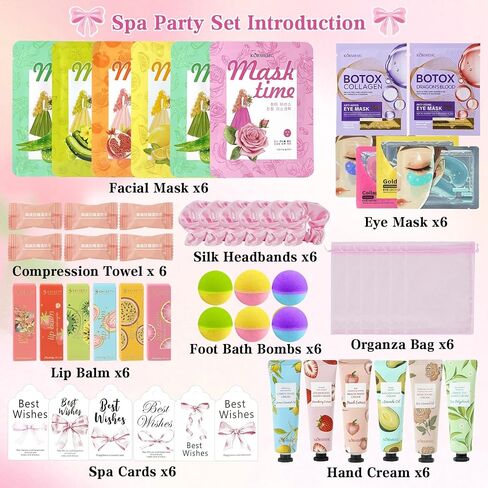 54PCS Spa Party Supplies for Girls, Spa Party Favors Include Facial Masks,Under Eye Patches, Lip Balm, Foot Bath Bombs, Hand Cream, Compressed Towel, Hair Band for Six Girls, Sleepover Party gifts in Saudi Arabia