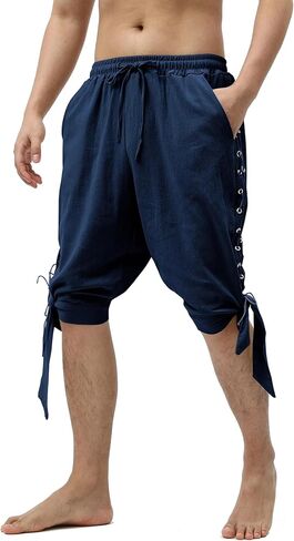 Heyigrow Mens Pirate Shorts Renaissance Viking Costume, Medieval Lace-up Banded Pants Cotton Linen Cosplay Outfitss in Saudi Arabia