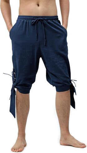 Heyigrow Mens Pirate Shorts Renaissance Viking Costume, Medieval Lace-up Banded Pants Cotton Linen Cosplay Outfitss in Saudi Arabia