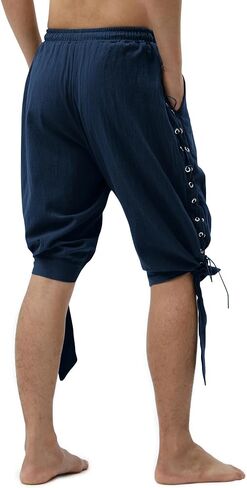 Heyigrow Mens Pirate Shorts Renaissance Viking Costume, Medieval Lace-up Banded Pants Cotton Linen Cosplay Outfitss in Saudi Arabia