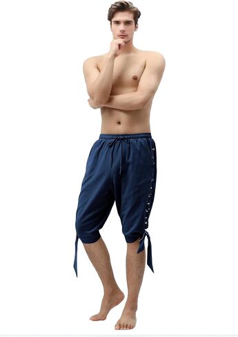 Heyigrow Mens Pirate Shorts Renaissance Viking Costume, Medieval Lace-up Banded Pants Cotton Linen Cosplay Outfitss in Saudi Arabia