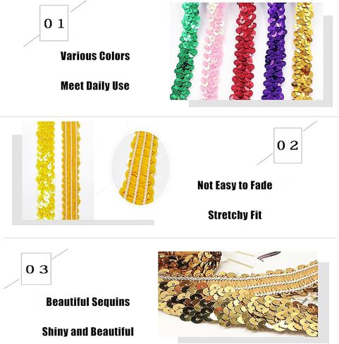 1 Inch Wide x 10 Yards Elastic Sequin Trim - Sparkly Stretch Glitter Ribbon for Sewing, Crafts, Clothing Decoration, Costume DIY (Black) in Saudi Arabia