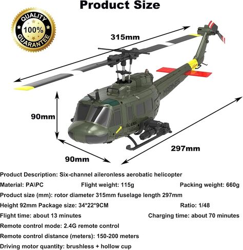 C032 UH-1 Huey طائرة هليكوبتر للتحكم عن بعد، 1/48 مقياس Flybarless Stunts RC هليكوبتر للبالغين مع بطاريتين هدية تحديد المواقع للتدفق البصري لعشاق الجيش RTF (أصفر) in Saudi Arabia