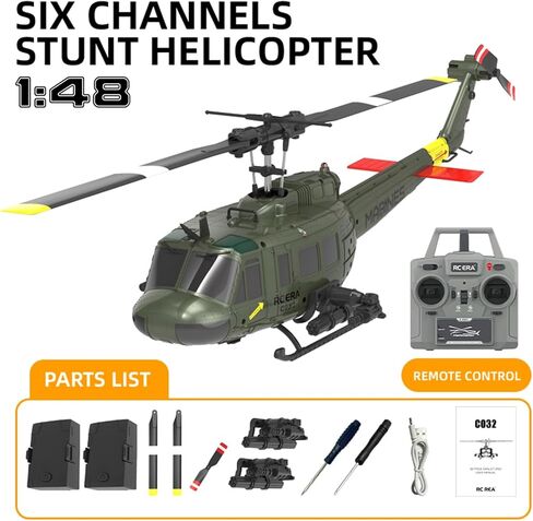 C032 UH-1 Huey طائرة هليكوبتر للتحكم عن بعد، 1/48 مقياس Flybarless Stunts RC هليكوبتر للبالغين مع بطاريتين هدية تحديد المواقع للتدفق البصري لعشاق الجيش RTF (أصفر) in Saudi Arabia