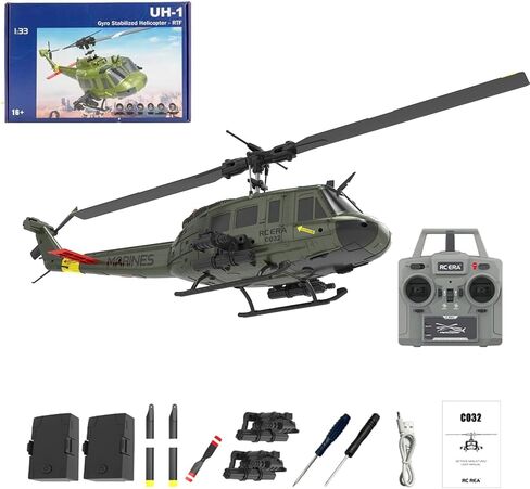 C032 UH-1 Huey طائرة هليكوبتر للتحكم عن بعد، 1/48 مقياس Flybarless Stunts RC هليكوبتر للبالغين مع بطاريتين هدية تحديد المواقع للتدفق البصري لعشاق الجيش RTF (أصفر) in Saudi Arabia