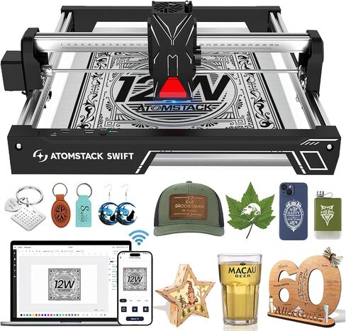 ATOMSTACK Swift Laser Engraver للمبتدئين، قاطع ليزر بقوة 7000 ميجاوات، فئة الليزر 4، منطقة عمل 300 × 300 مم، آلة نقش بدقة 0.08 مم للخشب والجلود والمعادن المطلية والأكريليك (سويفت 7 وات) in Kuwait