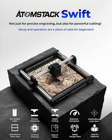 ATOMSTACK Swift Laser Engraver للمبتدئين، قاطع ليزر بقوة 7000 ميجاوات، فئة الليزر 4، منطقة عمل 300 × 300 مم، آلة نقش بدقة 0.08 مم للخشب والجلود والمعادن المطلية والأكريليك (سويفت 7 وات) in Kuwait