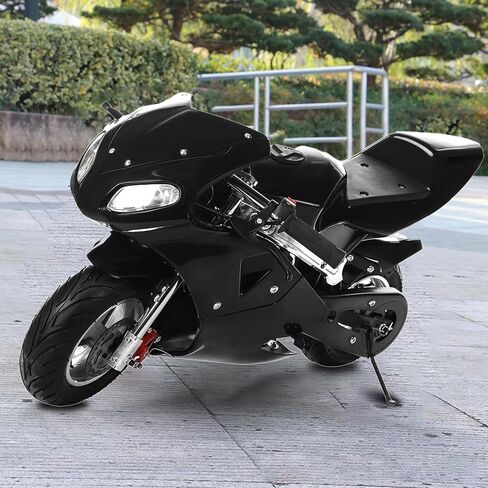 دراجة جيب تعمل بالغاز 49cc ثنائية الشوط، دراجة صغيرة تعمل بالغاز، دراجة نارية صاروخية للجيب للأطفال البالغين، دراجة نارية صغيرة مع فرامل قرصية أمامية وخلفية ومصابيح أمامية مزدوجة، تصل إلى 20 ميلاً في الساعة، أقصى حمولة 170 رطل (أسود) in Saudi Arabia