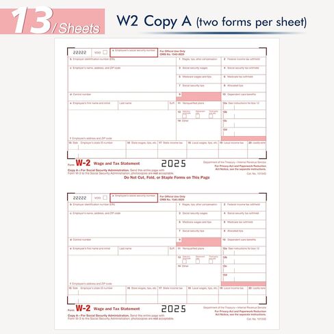 نماذج W2 2025 مع مظاريف، 6 أجزاء نماذج W-2 الضريبية 2025، نماذج W-2 مكونة من 6 أجزاء مع 25 مظروفًا ذاتي الختم، نماذج ليزر مصممة للمحاسبة (W2 6 الجزء 25 مع مظاريف) in Kuwait