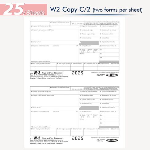 نماذج W2 2025 مع مظاريف، 6 أجزاء نماذج W-2 الضريبية 2025، نماذج W-2 مكونة من 6 أجزاء مع 25 مظروفًا ذاتي الختم، نماذج ليزر مصممة للمحاسبة (W2 6 الجزء 25 مع مظاريف) in Kuwait