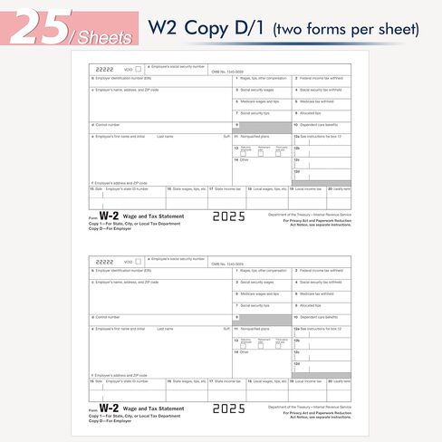 نماذج W2 2025 مع مظاريف، 6 أجزاء نماذج W-2 الضريبية 2025، نماذج W-2 مكونة من 6 أجزاء مع 25 مظروفًا ذاتي الختم، نماذج ليزر مصممة للمحاسبة (W2 6 الجزء 25 مع مظاريف) in Kuwait