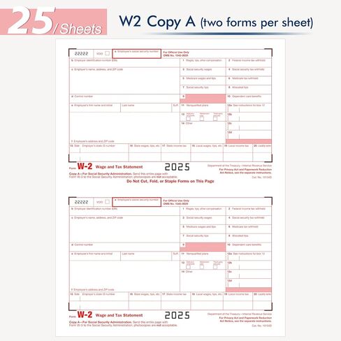 W2 Forms 2025 with Envelopes,6 Part W-2 Tax Forms 2025, 6-Part W-2 Forms with 25 Self-Seal Envelopes, Laser Forms Designed for Accounting(W2 6 Part 25 with Envelopes) in Saudi Arabia