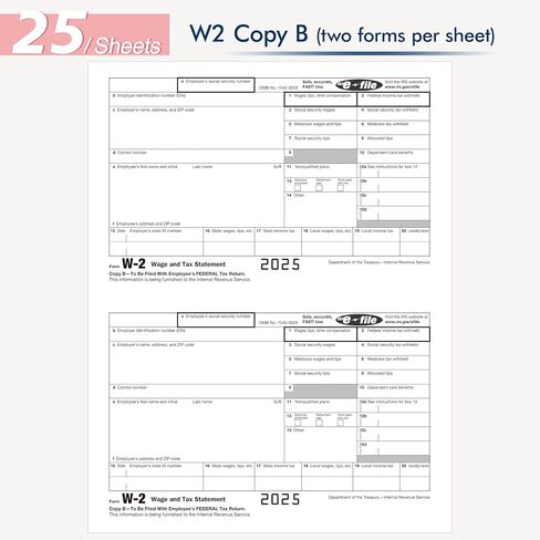 W2 Forms 2025 with Envelopes,6 Part W-2 Tax Forms 2025, 6-Part W-2 Forms with 25 Self-Seal Envelopes, Laser Forms Designed for Accounting(W2 6 Part 25 with Envelopes) in Saudi Arabia
