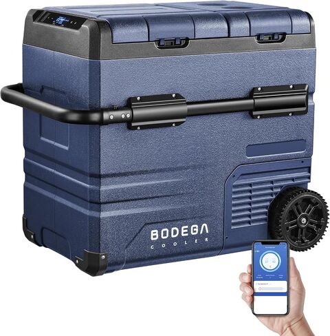 ثلاجة سيارة BODEGACOOLER 12 فولت، ثلاجة وفريزر محمولة ثنائية المنطقة 80 كيو تي مع التحكم في التطبيق، مبرد كهربائي للمركبة والاستخدام المنزلي، حماية مدمجة للبطارية، عجلة ومقبض قابل للسحب in Kuwait