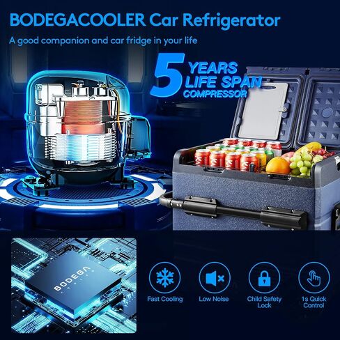 ثلاجة سيارة BODEGACOOLER 12 فولت، ثلاجة وفريزر محمولة ثنائية المنطقة 80 كيو تي مع التحكم في التطبيق، مبرد كهربائي للمركبة والاستخدام المنزلي، حماية مدمجة للبطارية، عجلة ومقبض قابل للسحب in Kuwait
