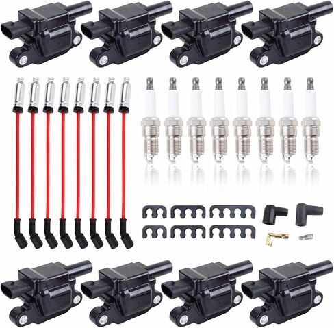 مجموعة حمراء مكونة من 8 ملفات إشعال مربعة تناسب 5.3 V8 2007 2008 2009 2010 2011 Chevy Silverado 1500 Avalanche Tahoe Suburban GMC Yukon Sierra Coils 5.3L UF413 12570616 (UF413 أسود + 748UU + 41-962) in Kuwait