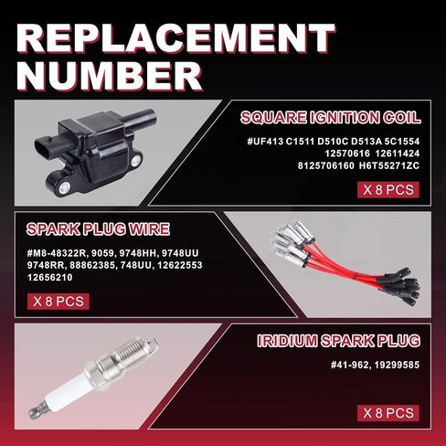 مجموعة حمراء مكونة من 8 ملفات إشعال مربعة تناسب 5.3 V8 2007 2008 2009 2010 2011 Chevy Silverado 1500 Avalanche Tahoe Suburban GMC Yukon Sierra Coils 5.3L UF413 12570616 (UF413 أسود + 748UU + 41-962) in Kuwait