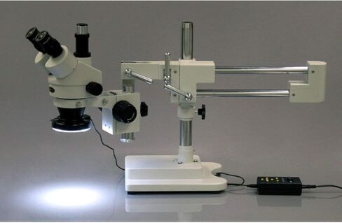 AmScope SM-4T Professional Trinocular Stereo Zoom Microscope, WH10x Eyepieces, 7X-45X Magnification, 0.7X-4.5X Zoom Objective, Ambient Lighting, Double-Arm Boom Stand in Saudi Arabia