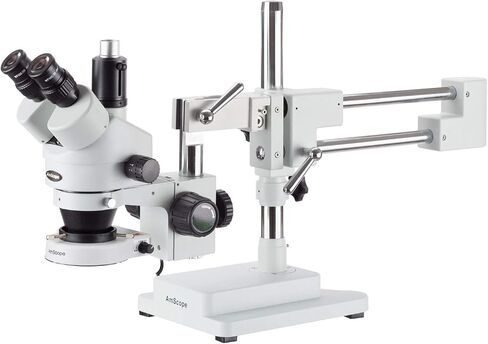 AmScope SM-4T Professional Trinocular Stereo Zoom Microscope, WH10x Eyepieces, 7X-45X Magnification, 0.7X-4.5X Zoom Objective, Ambient Lighting, Double-Arm Boom Stand in Saudi Arabia