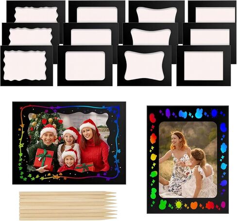 Motipuns 24 قطعة إطار الصورة الصفر الحرفية مجموعات للأطفال DIY عيد الميلاد ورقة خدش إطار الصورة مع قلم خشبي العودة إلى المدرسة 4 × 6 الأطفال صور الفصول الدراسية أنشطة عيد الميلاد ديكور in Kuwait