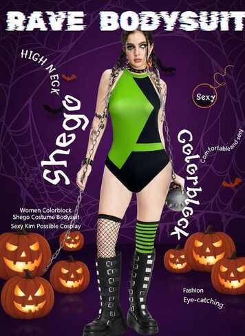 بدلة نسائية من EVELUST Colorblock Shego - ملابس تنكرية مثيرة لـ Kim Possible للمهرجانات، بذلة برقبة عالية in Saudi Arabia
