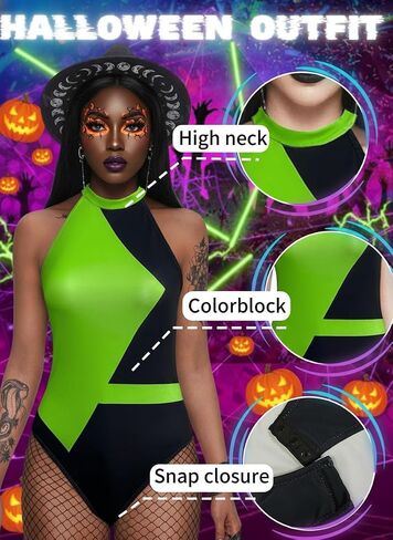 بدلة نسائية من EVELUST Colorblock Shego - ملابس تنكرية مثيرة لـ Kim Possible للمهرجانات، بذلة برقبة عالية in Saudi Arabia