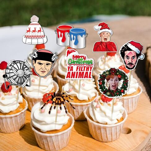 24 Pcs Home Alome Cupcake Toppers Home Alone Christmas Cake Decorations Funny Merry Christmas Ya Filthy Animal Decorations for Homes Alome Party Decorations in Saudi Arabia