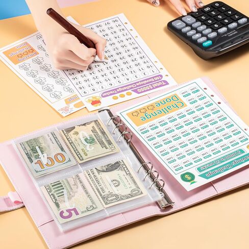 100 مظروف تحدي توفير المال، مجلد توفير المال مع مظاريف نقدية، من 30 يومًا إلى 52 أسبوعًا، لتوفير 500 دولار و5050 دولارًا و10000 دولار، العودة إلى اللوازم المدرسية، هدية للأطفال (فوشيا روز-A6) in Saudi Arabia