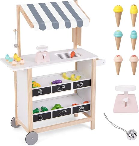 GLACER Pretend Play Kids Grocery Store, Wooden Farmer's Market Stand with Shelves, Produce Scale & Chalkboard, Portable Ice Cream Cart with Wheels & Canopy, Toddler Supermarket Toy for Boys Girls 3+ in Saudi Arabia