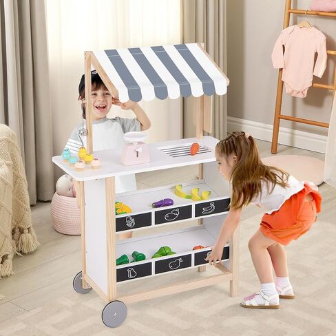 GLACER Pretend Play Kids Grocery Store, Wooden Farmer's Market Stand with Shelves, Produce Scale & Chalkboard, Portable Ice Cream Cart with Wheels & Canopy, Toddler Supermarket Toy for Boys Girls 3+ in Saudi Arabia