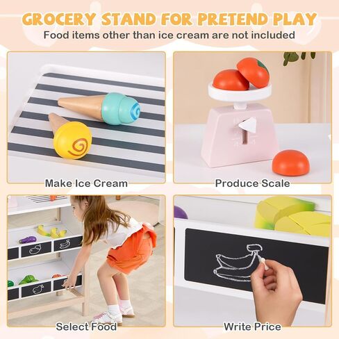 GLACER Pretend Play Kids Grocery Store, Wooden Farmer's Market Stand with Shelves, Produce Scale & Chalkboard, Portable Ice Cream Cart with Wheels & Canopy, Toddler Supermarket Toy for Boys Girls 3+ in Saudi Arabia