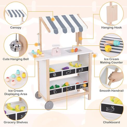 GLACER Pretend Play Kids Grocery Store, Wooden Farmer's Market Stand with Shelves, Produce Scale & Chalkboard, Portable Ice Cream Cart with Wheels & Canopy, Toddler Supermarket Toy for Boys Girls 3+ in Saudi Arabia